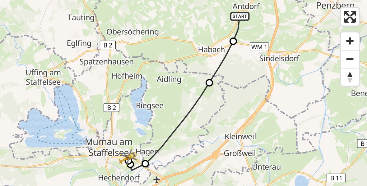 Flugroute Rettungshubschrauber Antdorf - Murnau Accident Hospital, 22 April 2026, 12:31