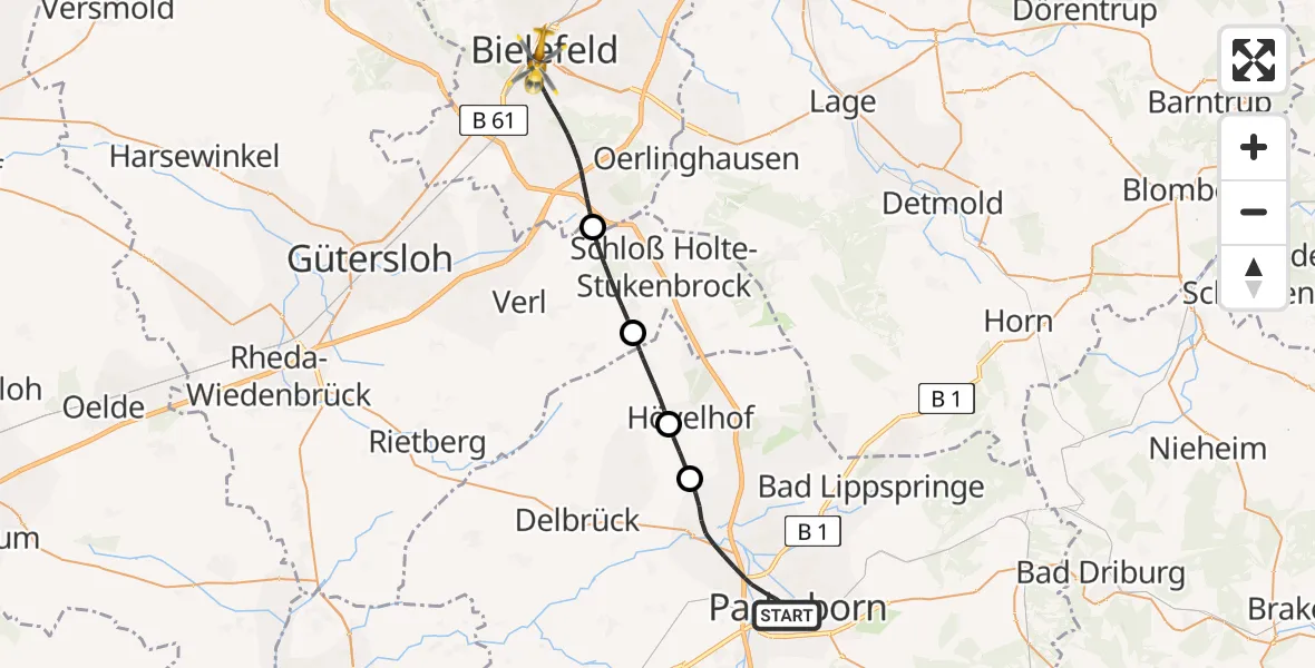 Flugroute Rettungshubschrauber Paderborn - Bielefeld, 22 April 2026, 12:31