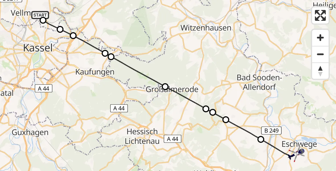 Flugroute Polizeihubschrauber Fuldatal Bundespolizei Hubschrauberlandeplatz - Eschwege, 22 April 2026, 12:32