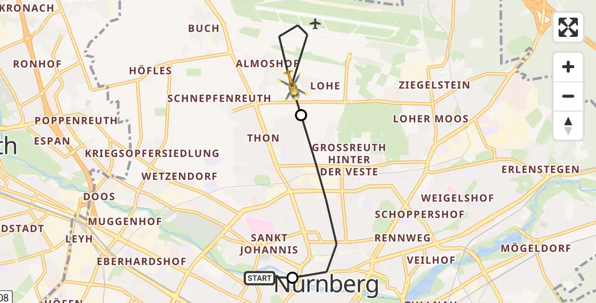 Flugroute Rettungshubschrauber Deutschherrnwiese Hubschrauberlandeplatz - Flughafen Nuremberg, 22 April 2026, 12:33