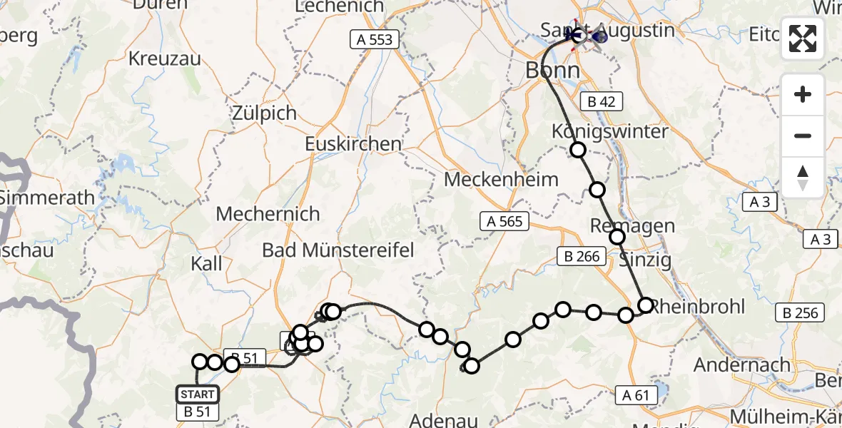 Flugroute Polizeihubschrauber Dahlem - Sankt Augustin, 22 April 2026, 12:36