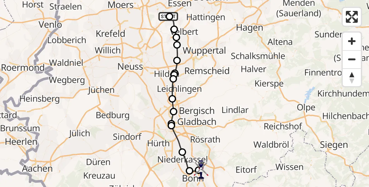 Flugroute Polizeihubschrauber Essen-Mülheim Flughafen - Sankt Augustin, 22 April 2026, 12:40