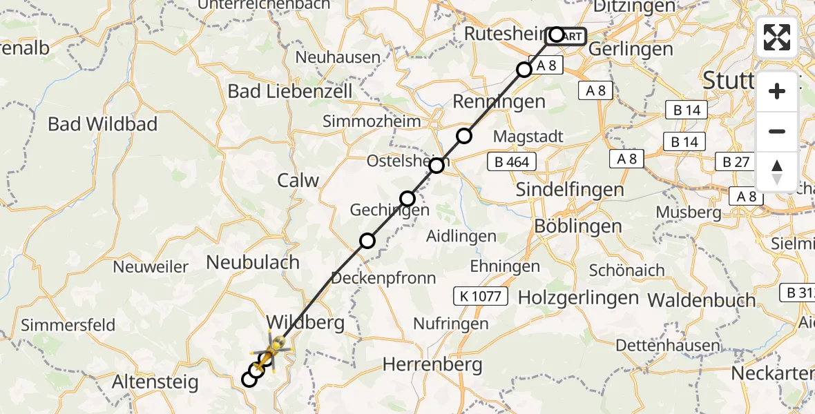 Flugroute Rettungshubschrauber Leonberg Hospital - Ebhausen, 22 April 2026, 12:45