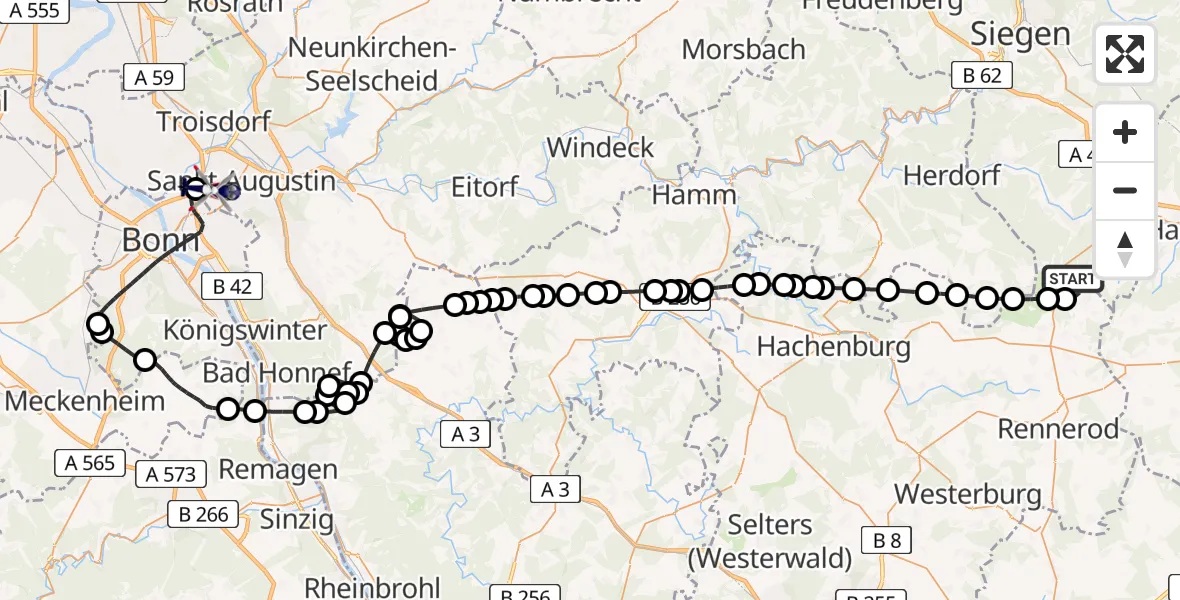 Flugroute Polizeihubschrauber Siegerland Flughafen - Sankt Augustin, 22 April 2026, 12:48