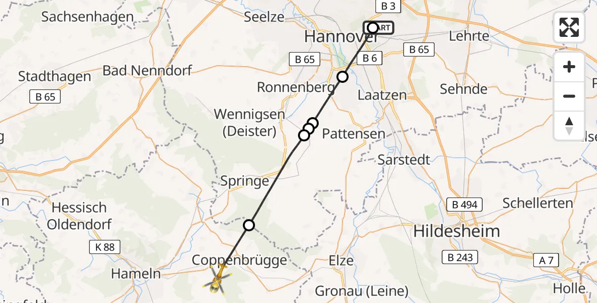 Flugroute Rettungshubschrauber Hannover Luftrettung Hubschrauberlandeplatz (Christoph 4) - Coppenbrügge, 22 April 2026, 12:58