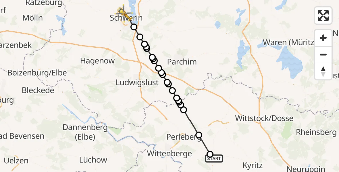 Flugroute Rettungshubschrauber Gumtow - Schwerin, 22 April 2026, 13:05
