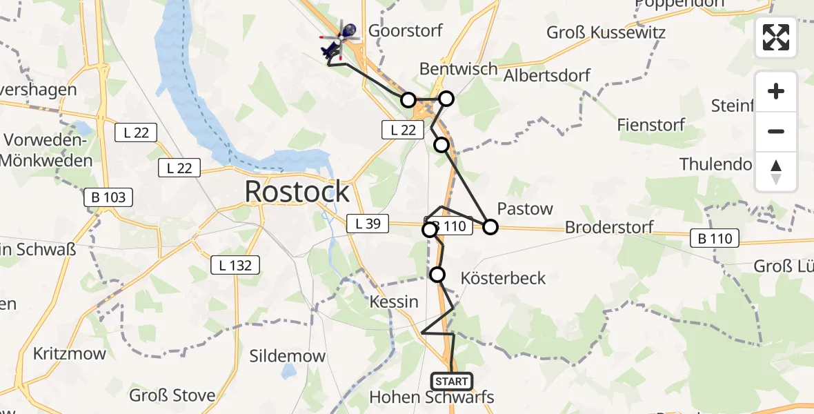 Flugroute Polizeihubschrauber Dummerstorf - Rostock, 22 April 2026, 13:08