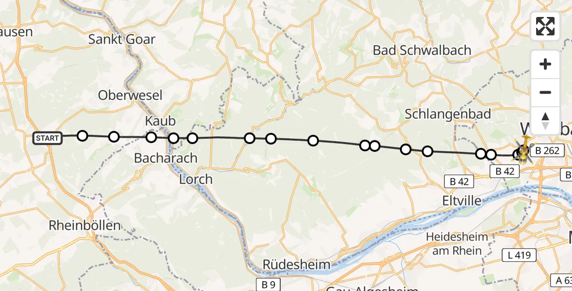 Flugroute Rettungshubschrauber Wiebelsheim - Helios Horst Schmidt Klinik (HSK) Hubschrauberlandeplatz, 22 April 2026, 13:10