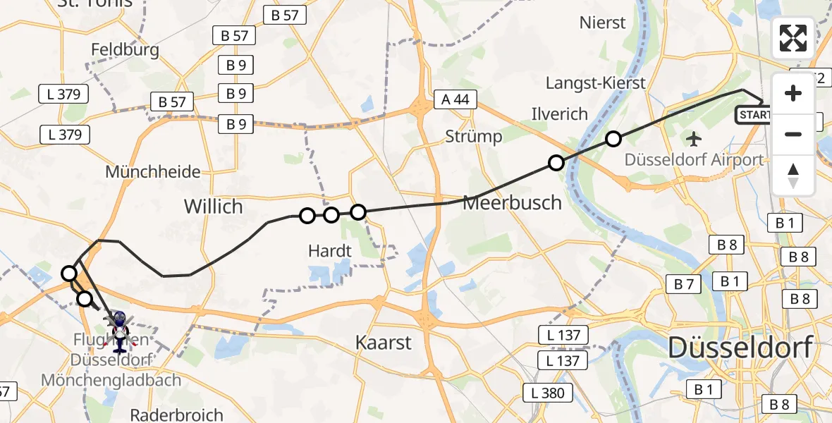 Flugroute Polizeihubschrauber Düsseldorf Flughafen - Mönchengladbach Flughafen, 22 April 2026, 13:13