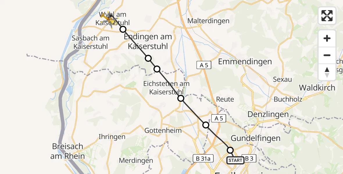 Flugroute Rettungshubschrauber Freiburg im Breisgau Flugplatz - Wyhl am Kaiserstuhl, 22 April 2026, 13:15