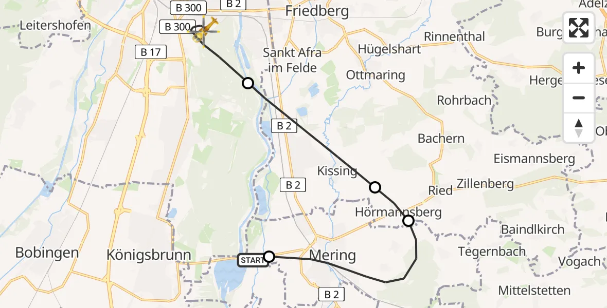 Flugroute Rettungshubschrauber Merching - Augsburg, 22 April 2026, 13:18