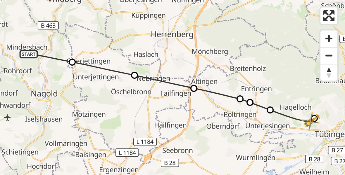 Flugroute Rettungshubschrauber Nagold - Tübingen Unfallkrankenhaus Hubschrauberlandeplatz, 22 April 2026, 13:20