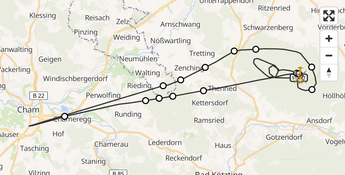 Flugroute Rettungshubschrauber Rimbach - Neukirchen b.Hl.Blut, 22 April 2026, 13:26