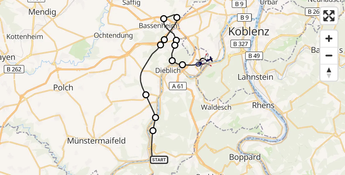 Flugroute Polizeihubschrauber Alken - Koblenz-Winningen Flugplatz, 22 April 2026, 13:31
