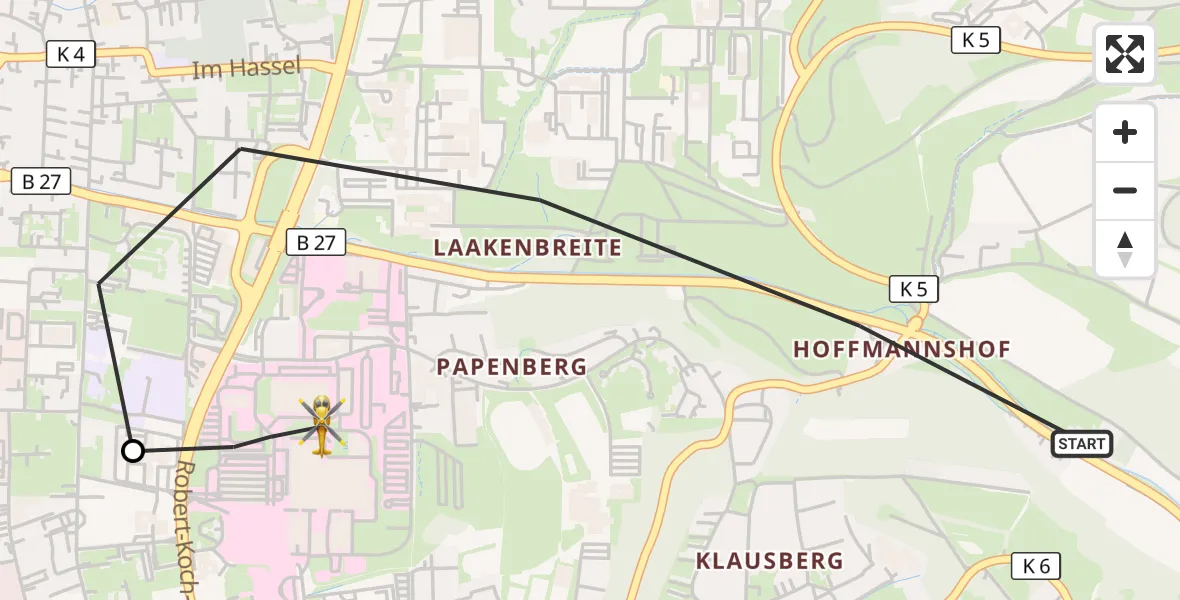 Flugroute Rettungshubschrauber Göttingen - Göttingen University Clinic Hubschrauberlandeplatz, 22 April 2026, 13:34