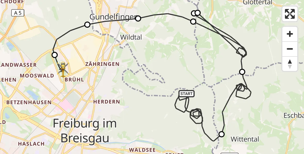 Flugroute Ambulanzhubschrauber Freiburg im Breisgau - Freiburg im Breisgau Flugplatz, 22 April 2026, 13:34