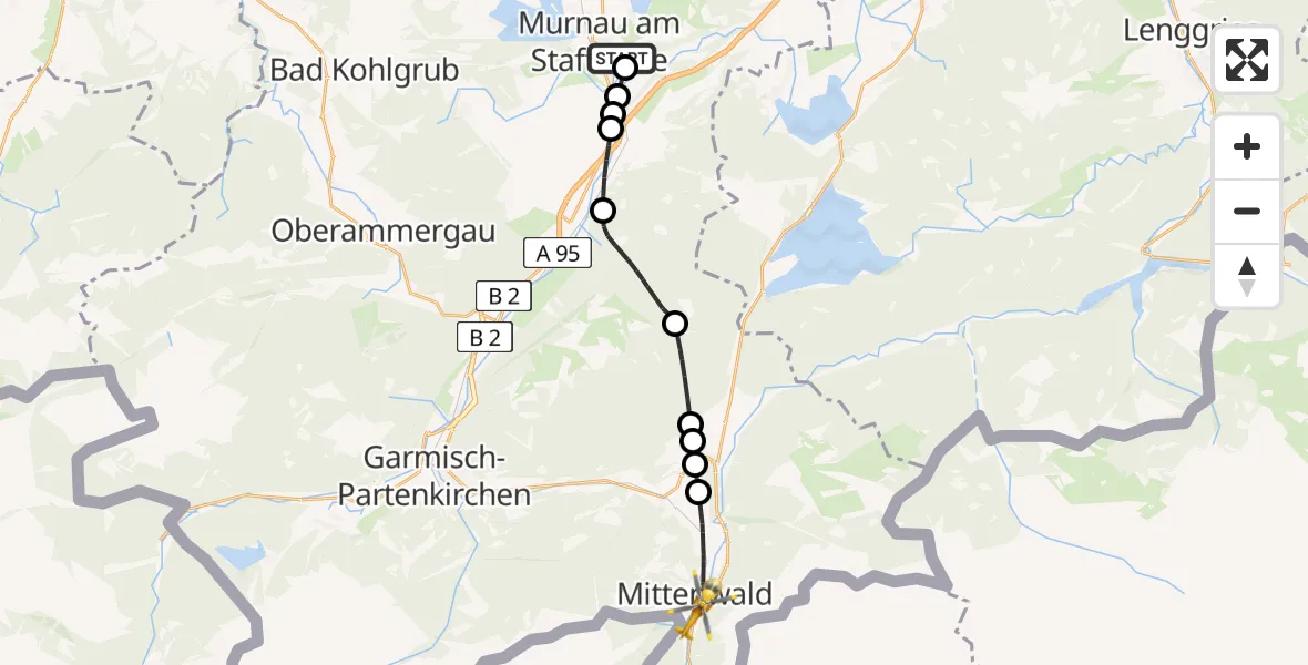 Flugroute Rettungshubschrauber Murnau Accident Hospital - Mittenwald, 22 April 2026, 13:35