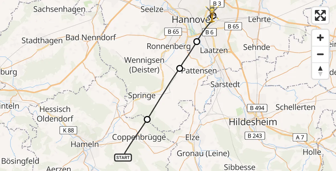 Flugroute Rettungshubschrauber Coppenbrügge - Hannover Luftrettung Hubschrauberlandeplatz (Christoph 4), 22 April 2026, 13:42