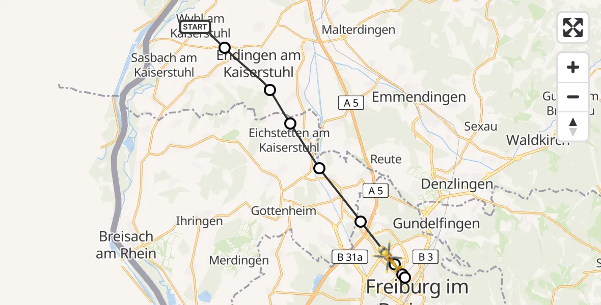 Flugroute Rettungshubschrauber Wyhl am Kaiserstuhl - Freiburg im Breisgau, 22 April 2026, 13:42