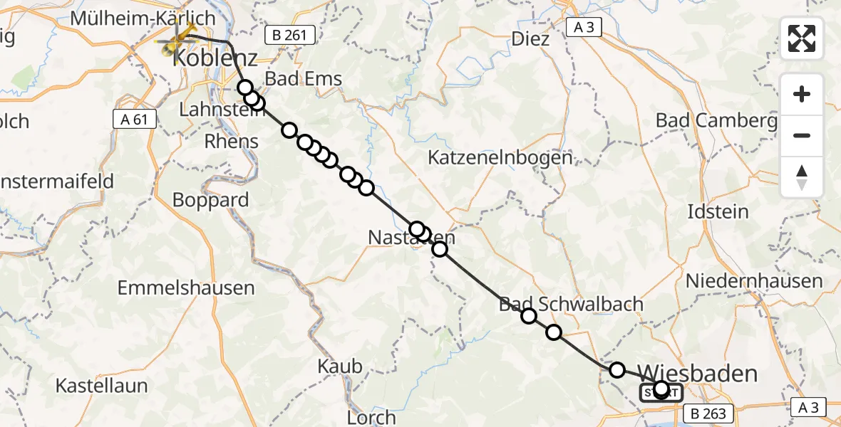 Flugroute Rettungshubschrauber Helios Horst Schmidt Clinic (HSK) - Koblenz, 22 April 2026, 13:54