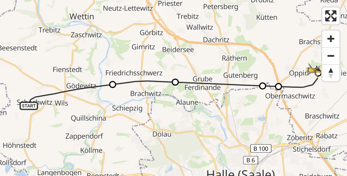Flugroute Ambulanzhubschrauber Salzatal - Halle-Oppin Flugplatz, 22 April 2026, 14:04