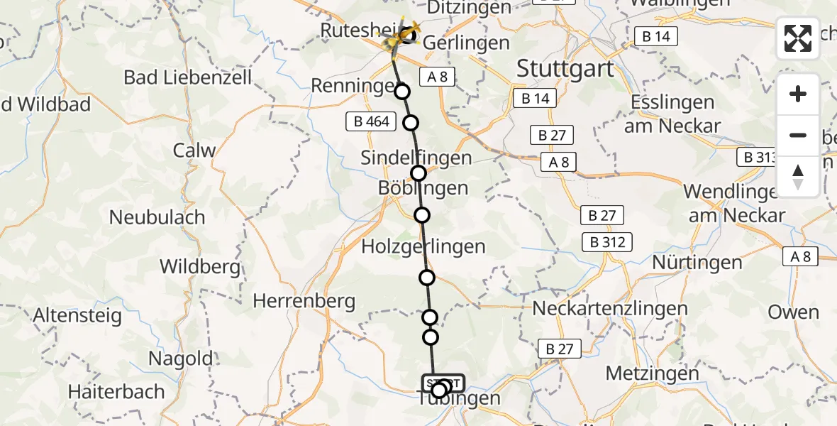 Flugroute Rettungshubschrauber Tübingen Trauma Hospital - Leonberg, 22 April 2026, 14:09