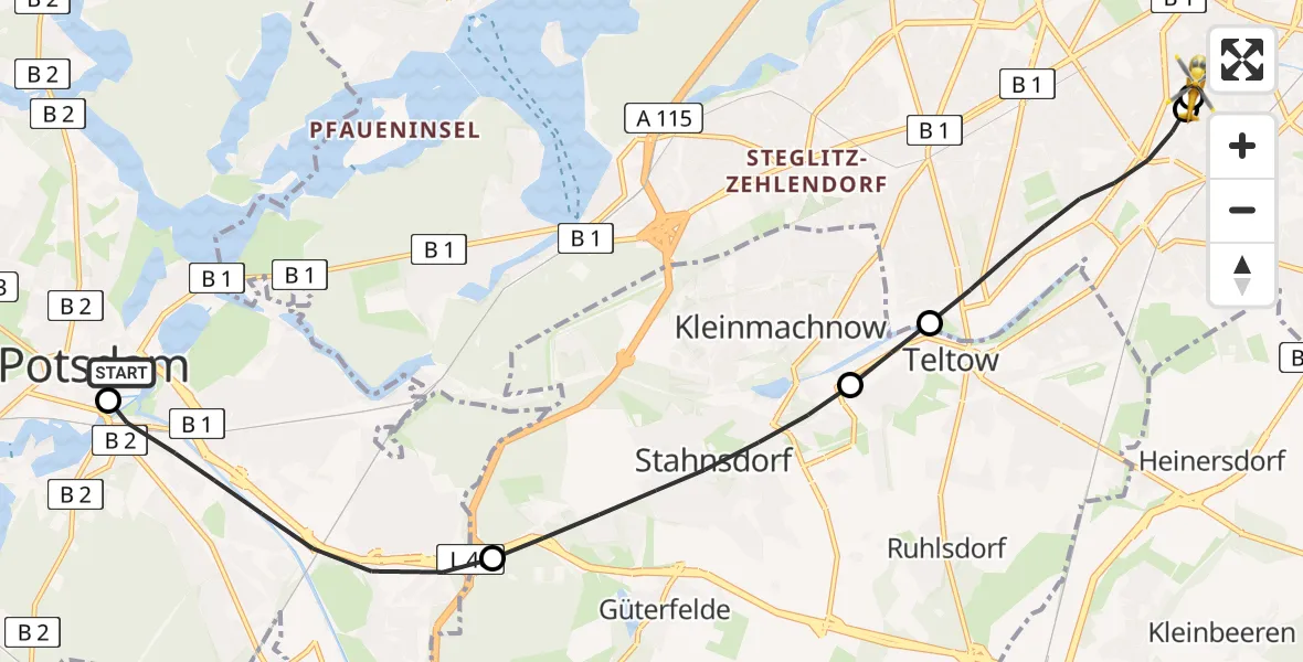 Flugroute Rettungshubschrauber Ernst von Bergmann Clinic Hubschrauberlandeplatz - Charité Clinic Benjamin Franklin Campus, 22 April 2026, 14:10