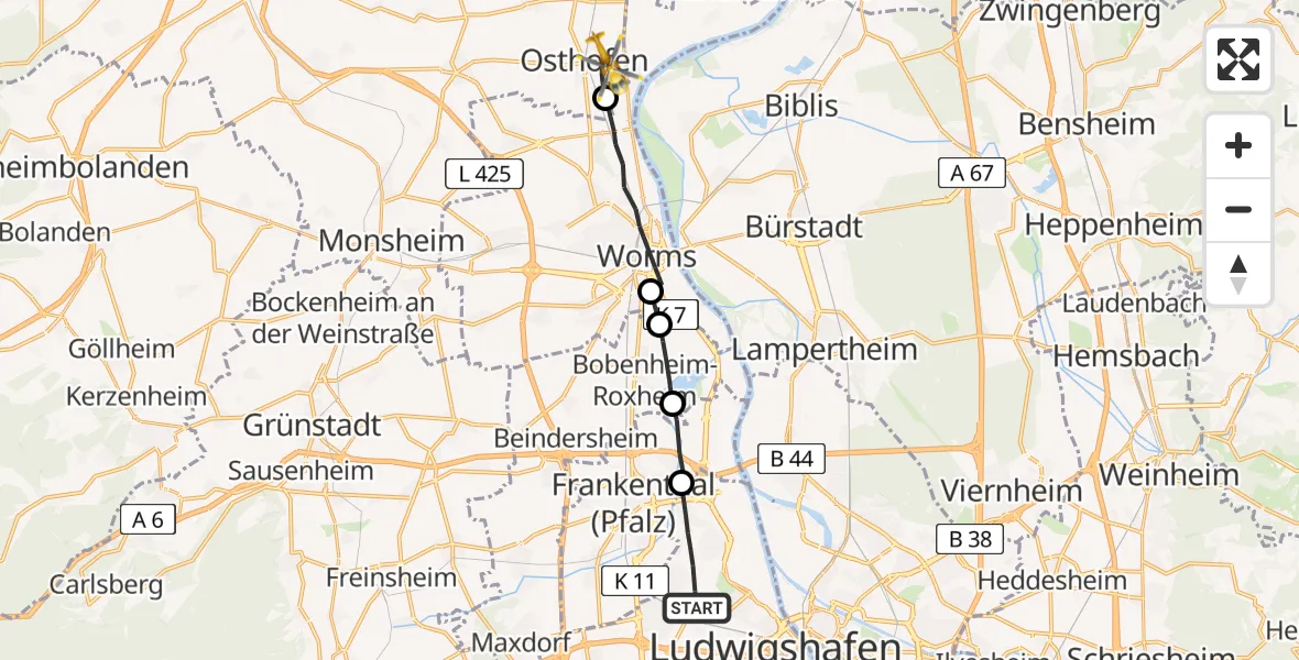 Flugroute Rettungshubschrauber Ludwigshafen am Rhein - Osthofen, 22 April 2026, 14:12