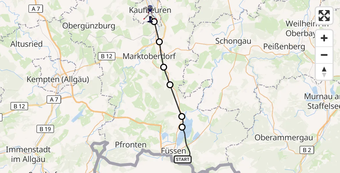 Flugroute Polizeihubschrauber Schwangau - Kaufbeuren, 22 April 2026, 14:14