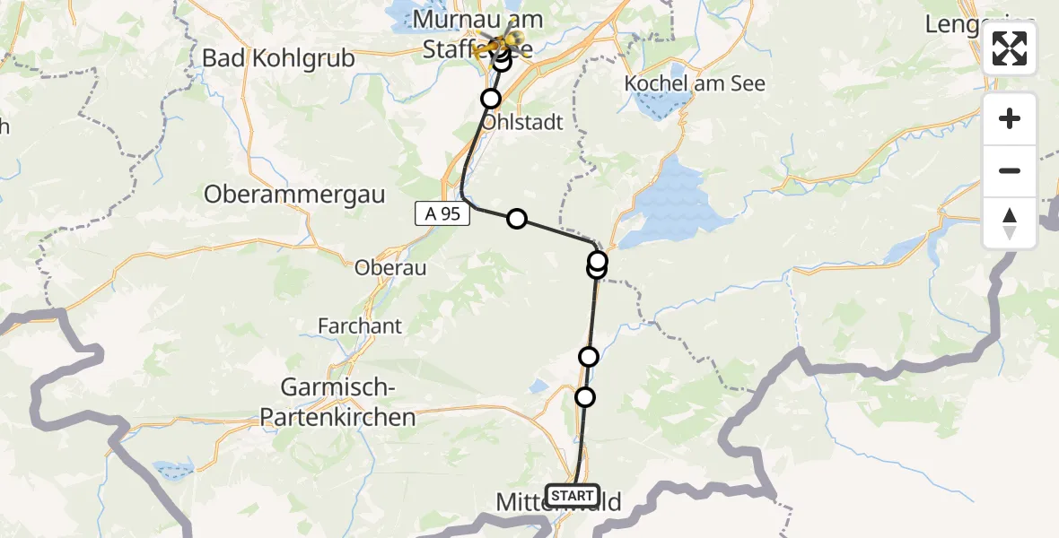 Flugroute Rettungshubschrauber Mittenwald - Murnau Accident Hospital, 22 April 2026, 14:38