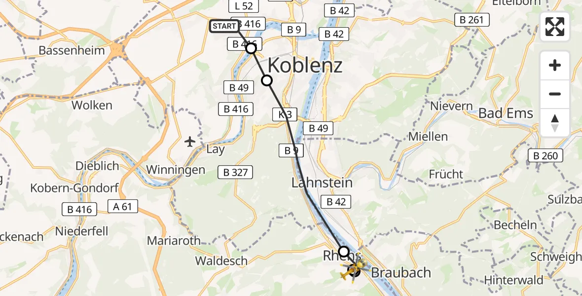 Flugroute Rettungshubschrauber Koblenz - Rhens, 22 April 2026, 14:49