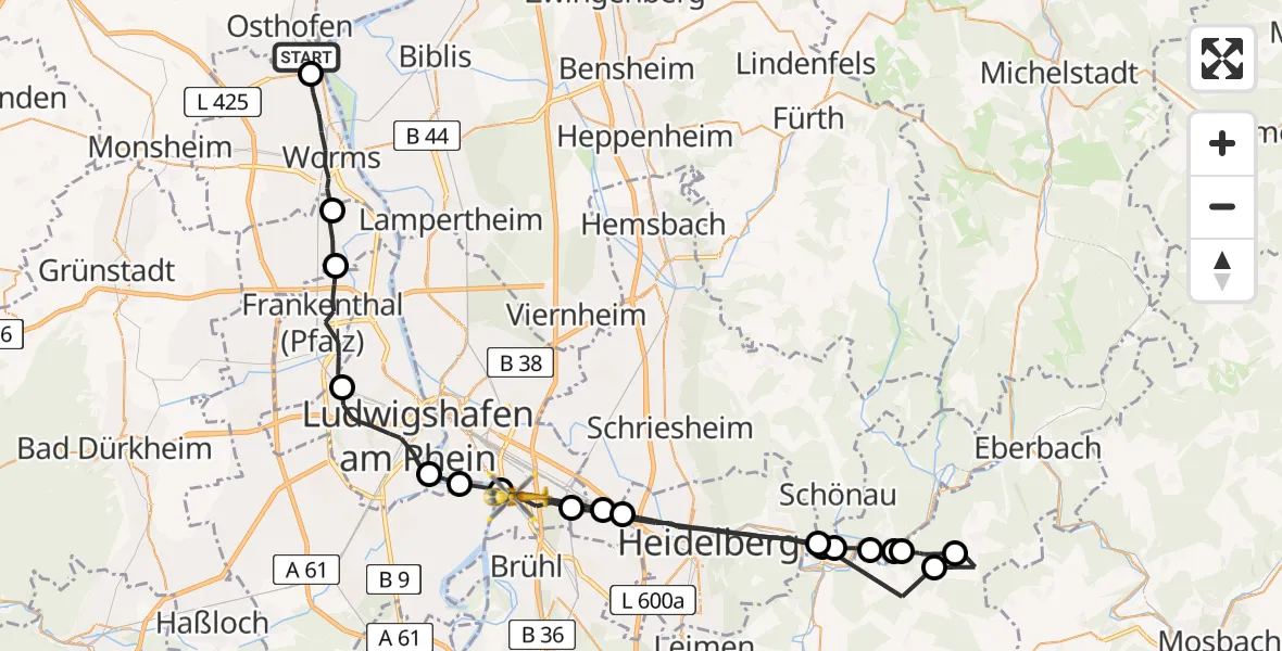 Flugroute Rettungshubschrauber Osthofen - Mannheim, 22 April 2026, 14:51