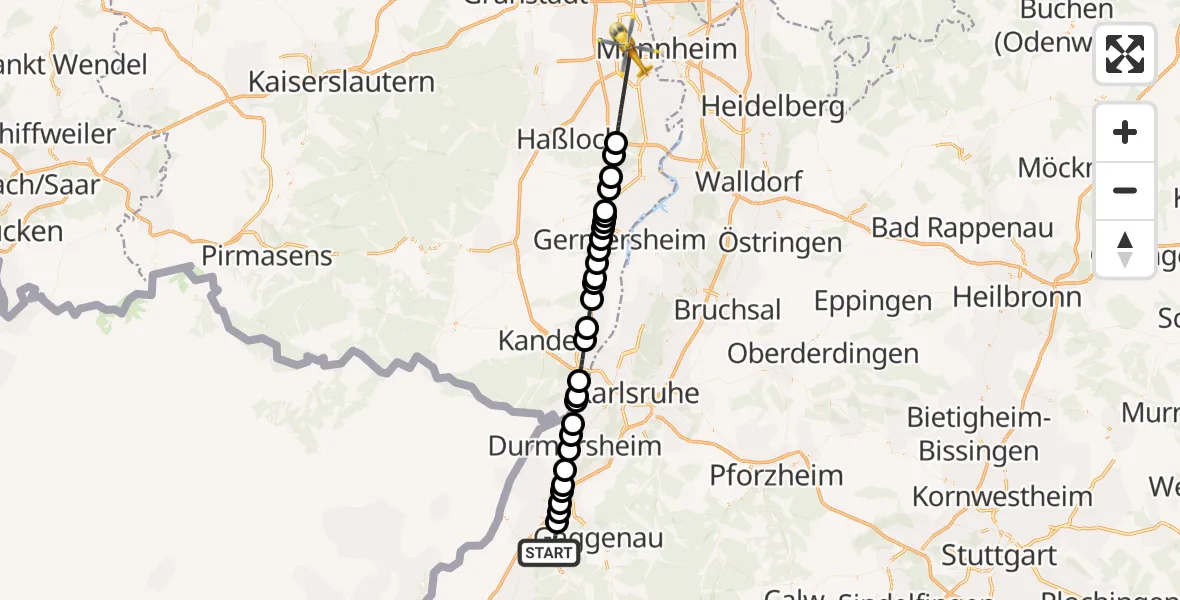 Flugroute Rettungshubschrauber Baden-Baden - Ludwigshafen Accident Hospital, 22 April 2026, 14:55
