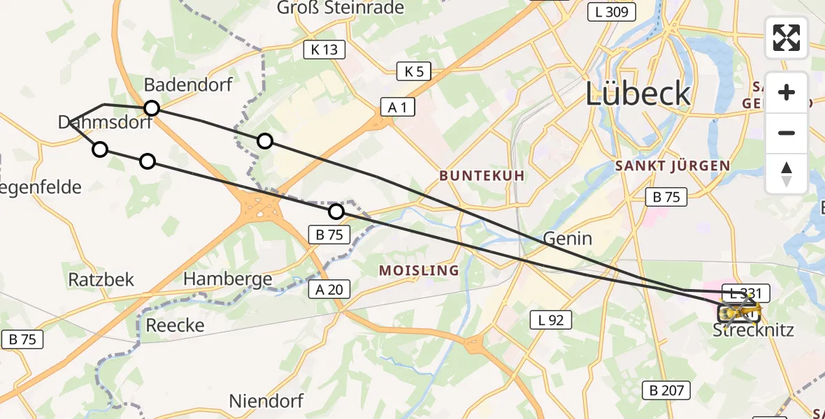 Flugroute Rettungshubschrauber Lübeck - Lübeck, 22 April 2026, 14:56