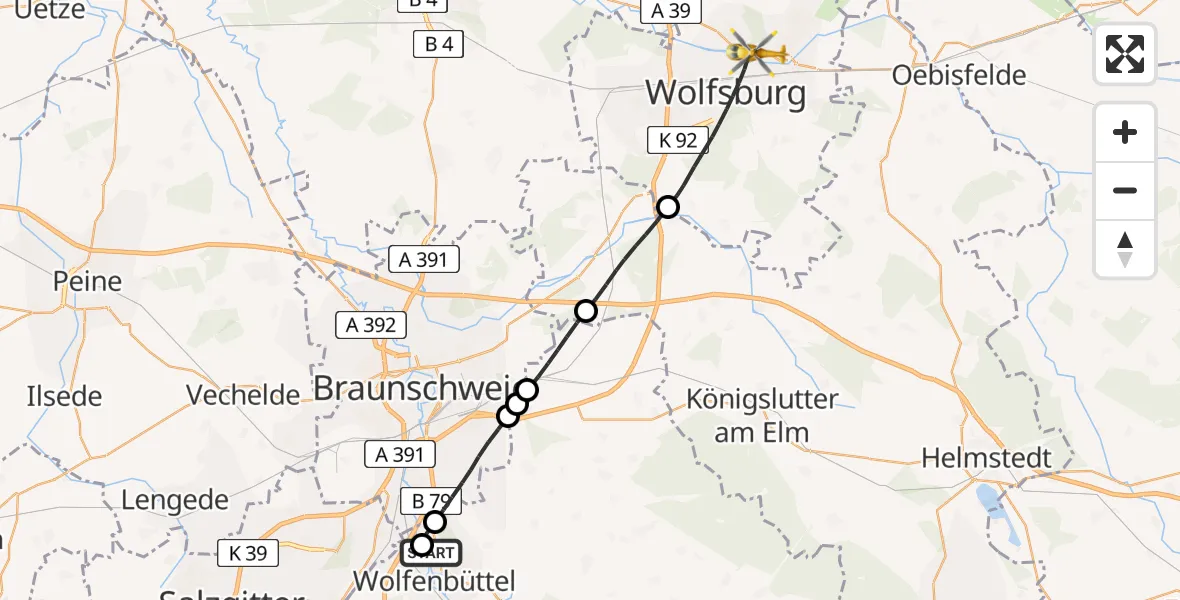 Flugroute Rettungshubschrauber Wolfenbüttel Municipal Hospital Heliport (Christoph 30) - Wolfsburg, 22 April 2026, 14:59
