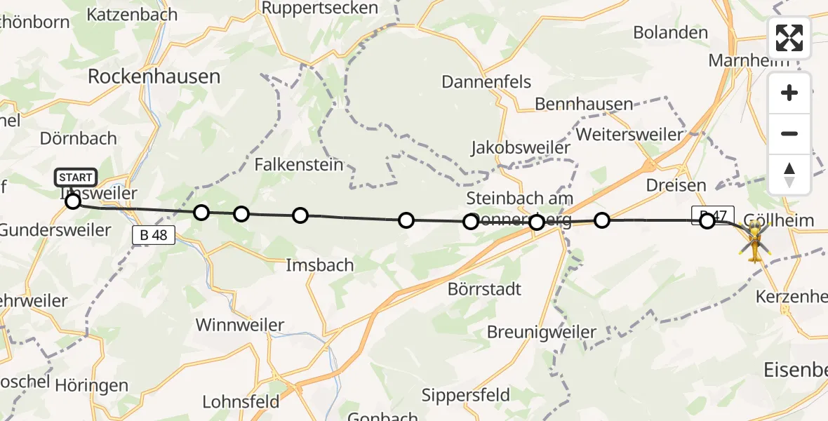 Flugroute Rettungshubschrauber Imsweiler UL - Göllheim, 22 April 2026, 15:05