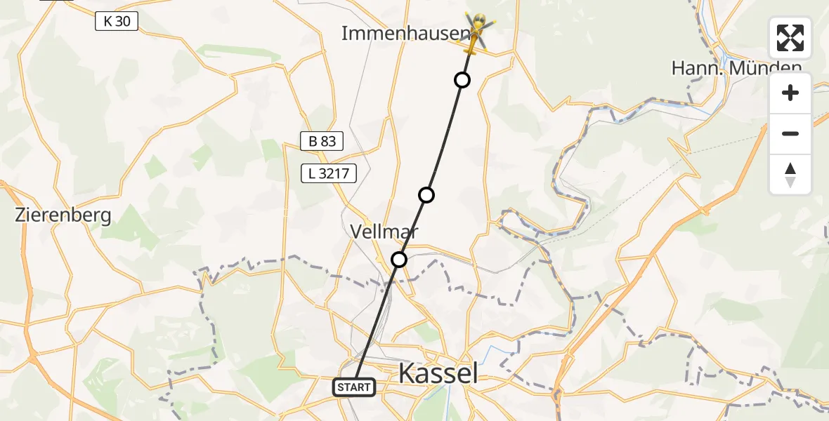 Flugroute Rettungshubschrauber Kassel - Immenhausen, 22 April 2026, 15:11