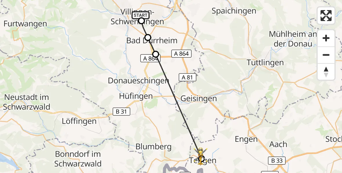 Flugroute Rettungshubschrauber DRF Air Rescue Station Villingen-Schwenningen Hubschrauberlandeplatz (Christoph 11) - Tengen, 22 April 2026, 15:12