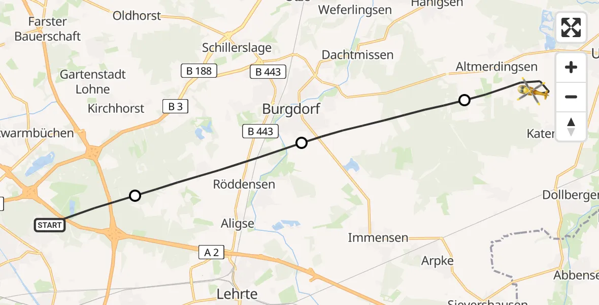 Flugroute Rettungshubschrauber Hannover - Uetze, 22 April 2026, 15:22