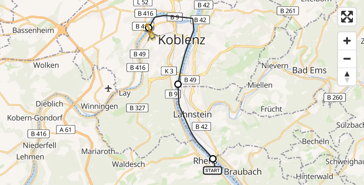Flugroute Rettungshubschrauber Rhens - Kemperhof Koblenz Klinikum Hubschrauberlandeplatz, 22 April 2026, 15:24