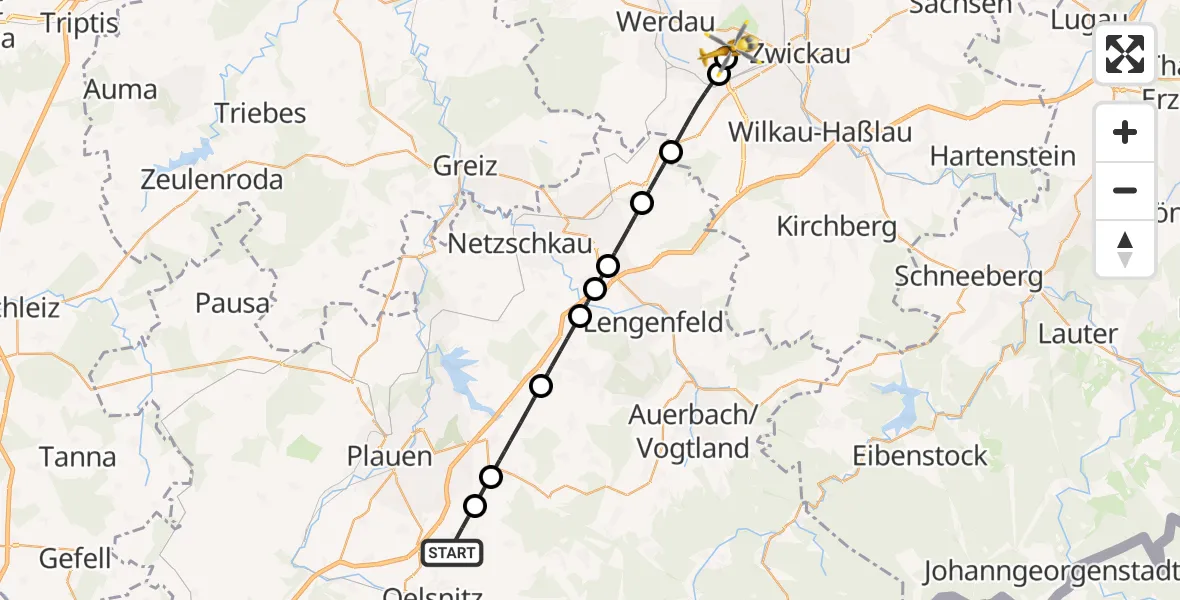 Flugroute Rettungshubschrauber Tirpersdorf - ADAC Air Rescue Station Zwickau Hubschrauberlandeplatz, 22 April 2026, 15:25