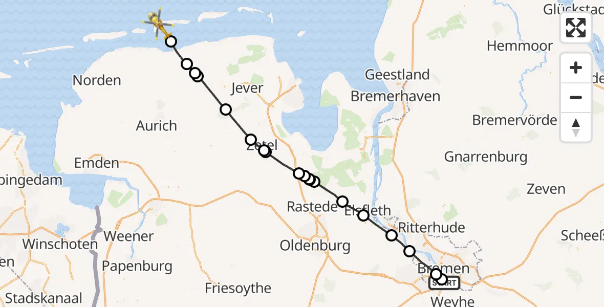 Flugroute Rettungshubschrauber Bremen - Langeoog Flughafen, 22 April 2026, 15:29