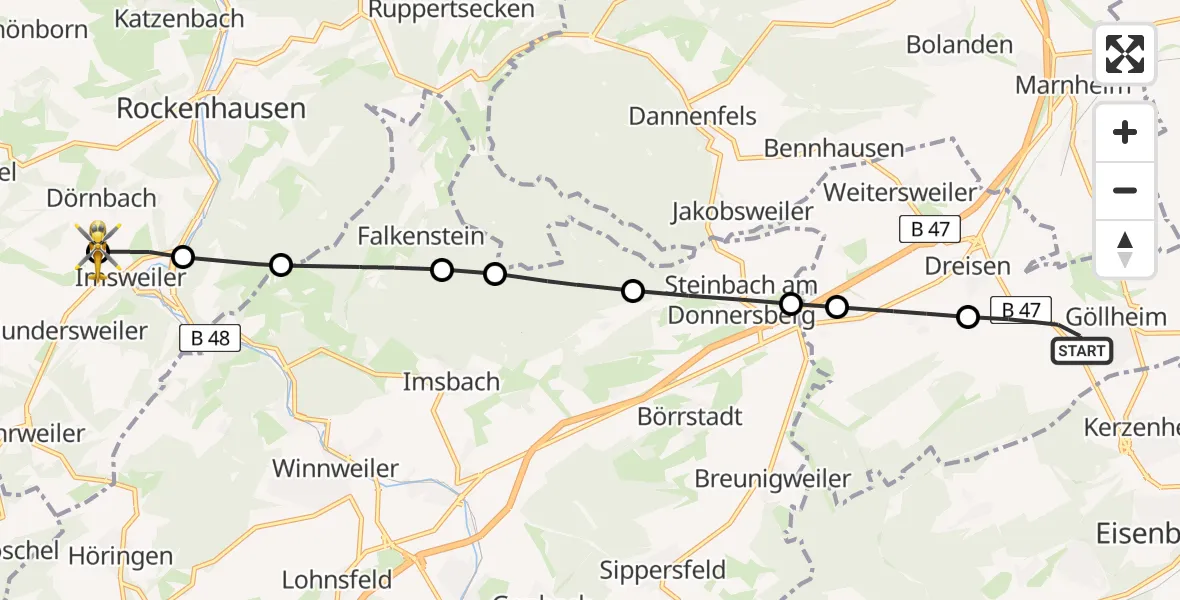 Flugroute Rettungshubschrauber Göllheim - Imsweiler UL, 22 April 2026, 15:34