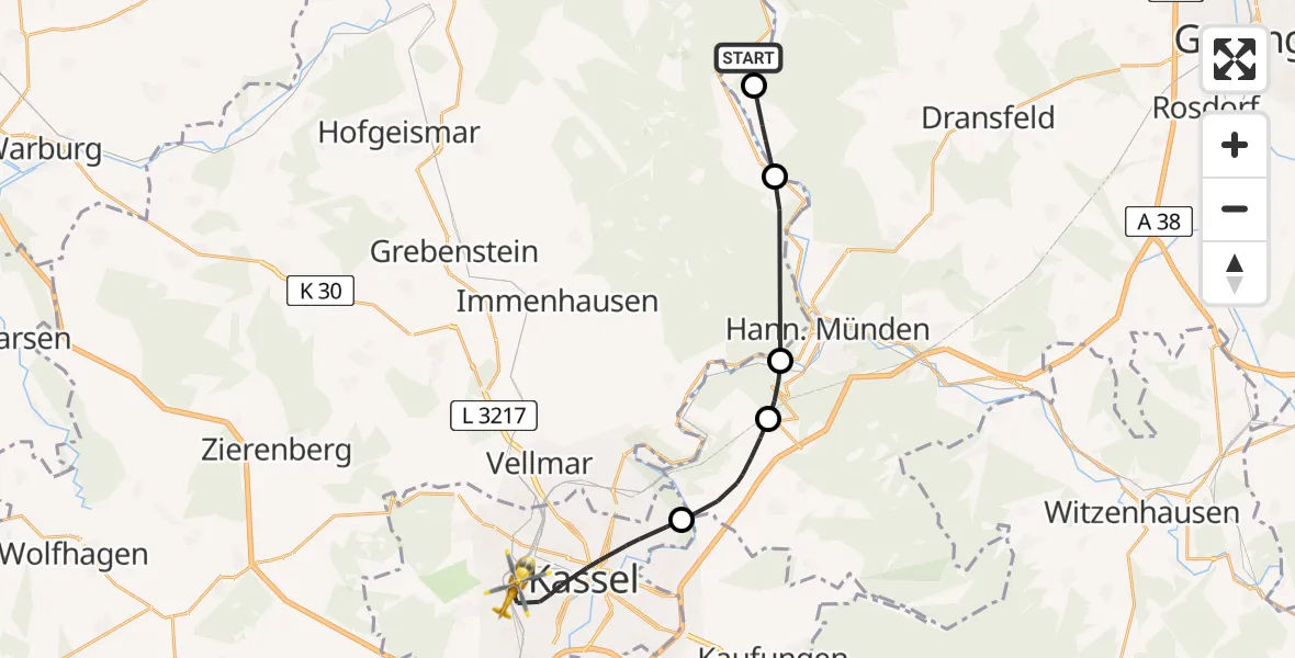 Flugroute Rettungshubschrauber Reinhardshagen - Kassel, 22 April 2026, 15:40