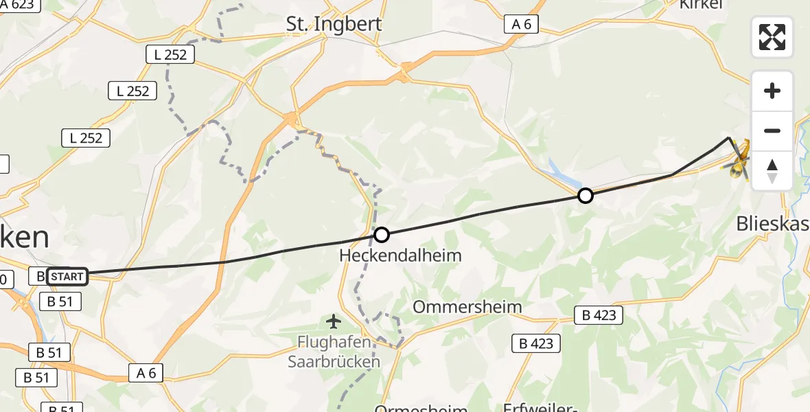 Flugroute Rettungshubschrauber Saarbrücken - Blieskastel, 22 April 2026, 15:44