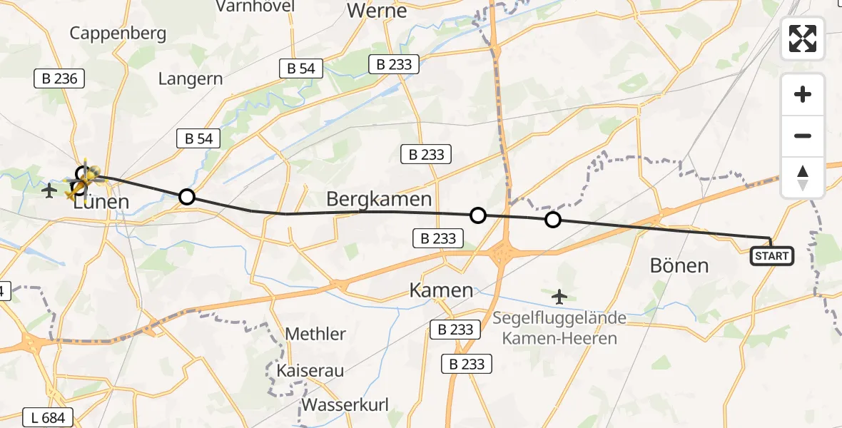 Flugroute Rettungshubschrauber Bönen - Sankt Marien Hospital, 22 April 2026, 15:44