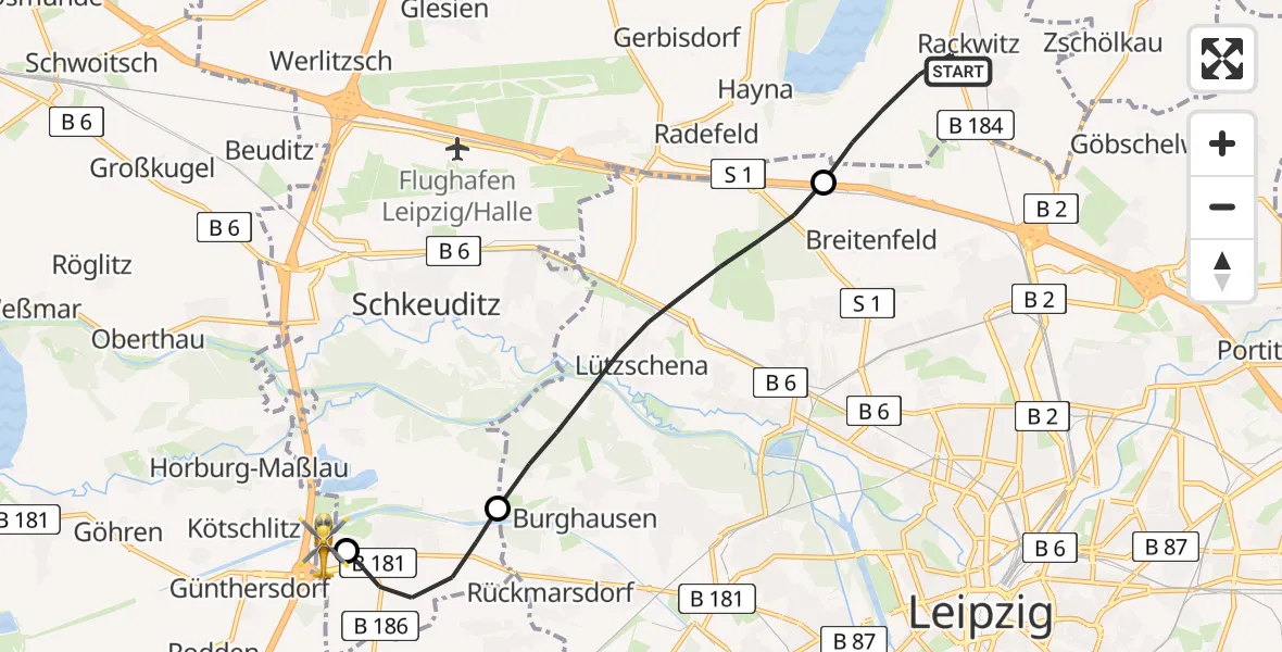 Flugroute Rettungshubschrauber Rackwitz - ADAC Air Rescue Station Leipzig/Schkeuditz-Dölzig Hubschrauberlandeplatz (Christoph 61), 22 April 2026, 15:45