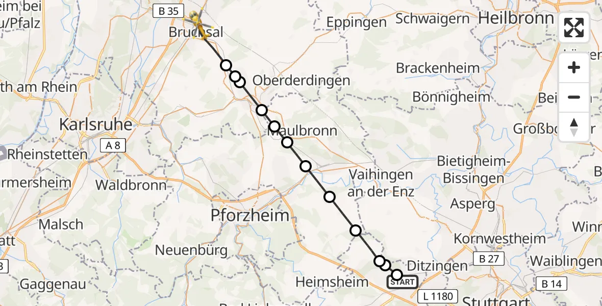 Flugroute Rettungshubschrauber Leonberg Hospital - Bruchsal, 22 April 2026, 15:50