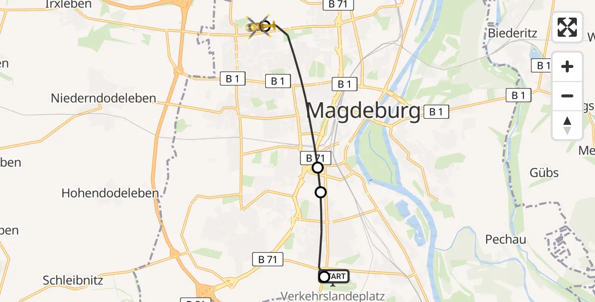 Flugroute Rettungshubschrauber Magdeburg City Flugplatz - Magdeburg Hospital, 22 April 2026, 15:56