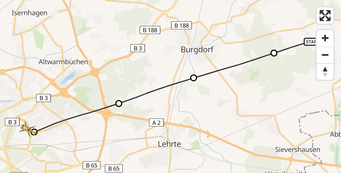 Flugroute Rettungshubschrauber Uetze - Hannover Luftrettung Hubschrauberlandeplatz (Christoph 4), 22 April 2026, 15:56